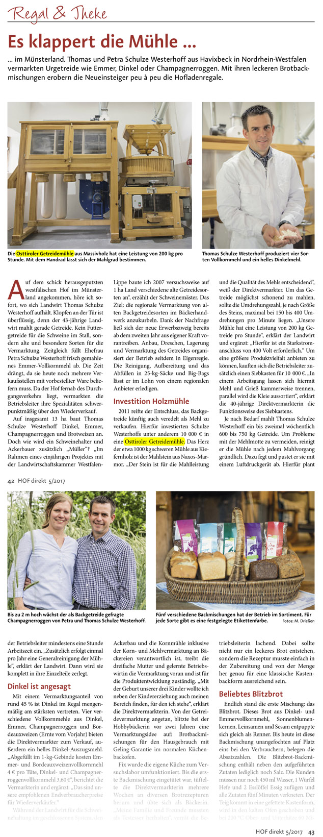 Thomas und Petra Schulze Westerhoff aus Havixbeck in Nordrhein-Westfalen  vermarkten Urgetreide